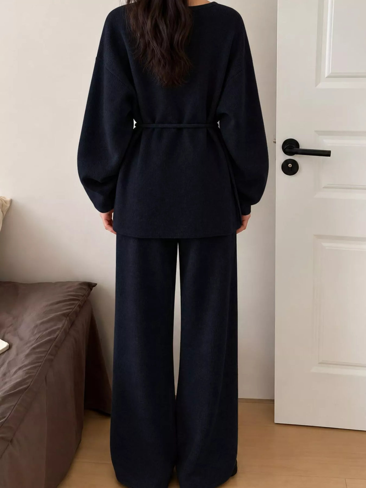 V-Neck Tied Wrap Cardigan and Wide-Leg Pants Sweater Set — back view