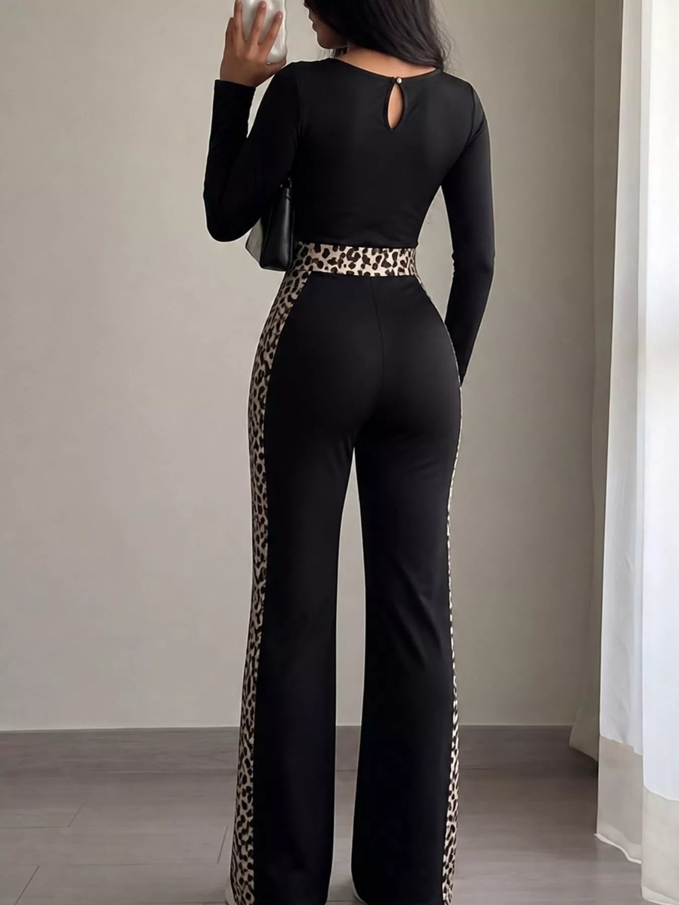 Trendsi Leopard Trim Long Sleeve Jumpsuit -