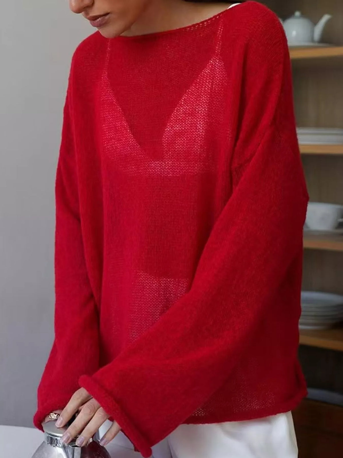 Red sheer openwork knit long sleeve top