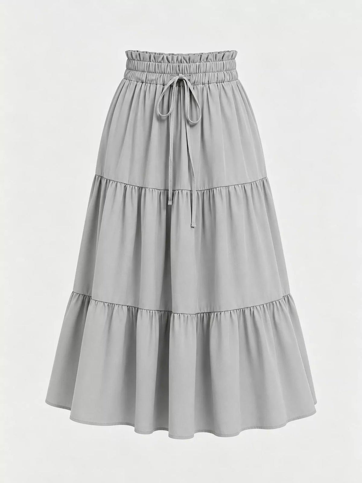 Gray drawstring tiered skirt — front view