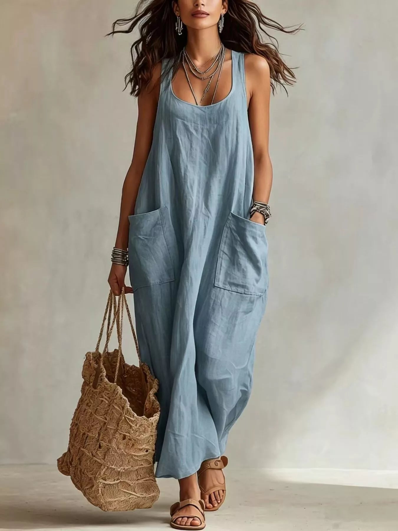 Trendsi Scoop Neck Sleeveless Maxi Dress with Pockets -