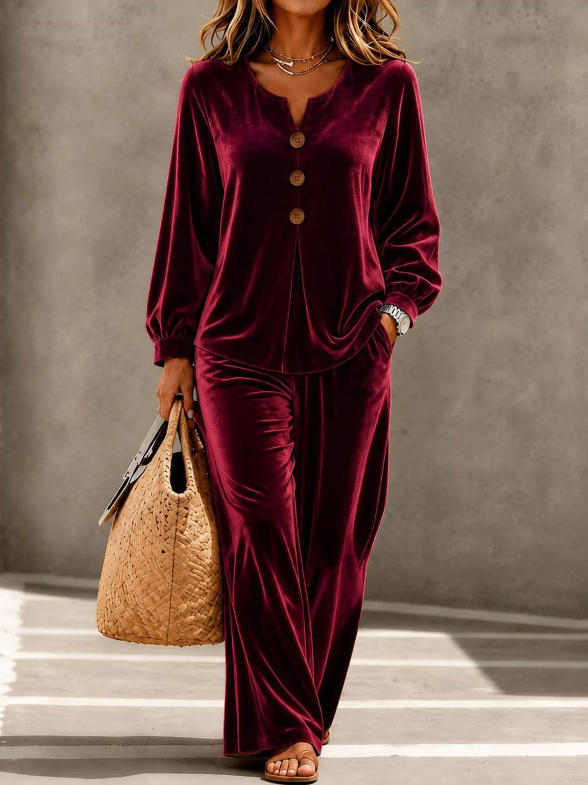 Burgundy decorative button top and pants set — front view