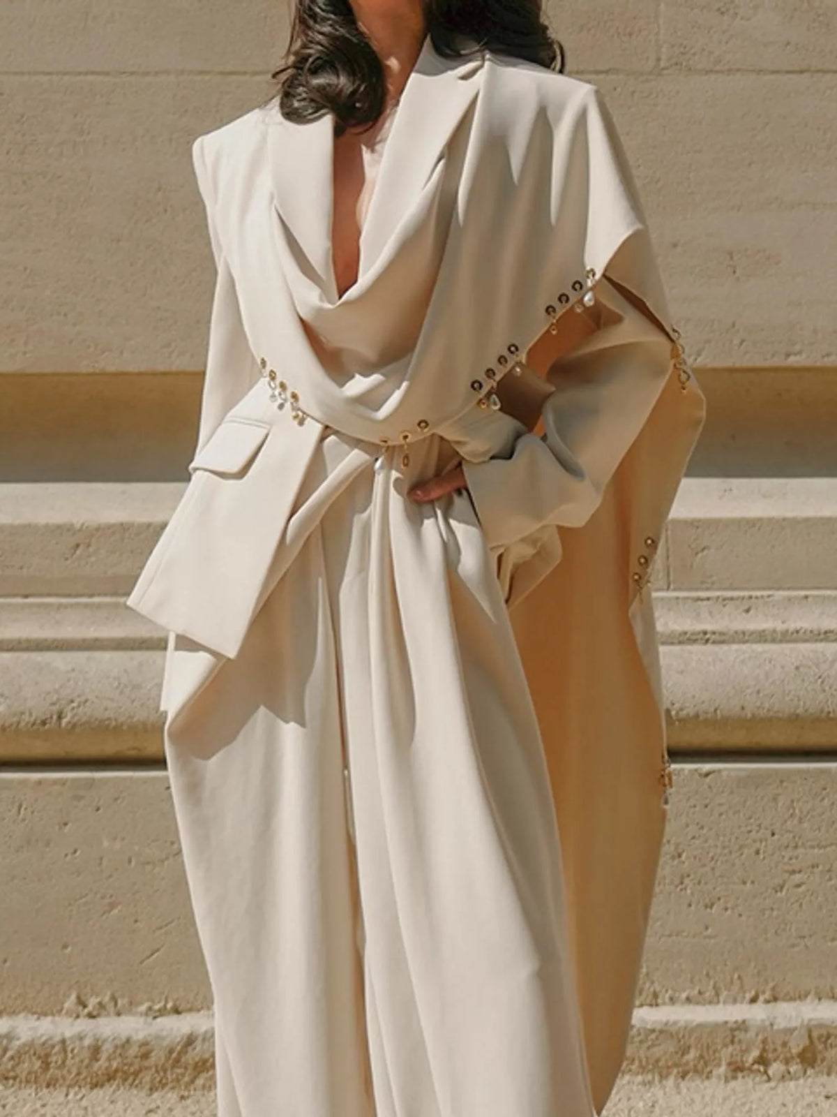 Pearl-Embellished Drape Blazer in apricot