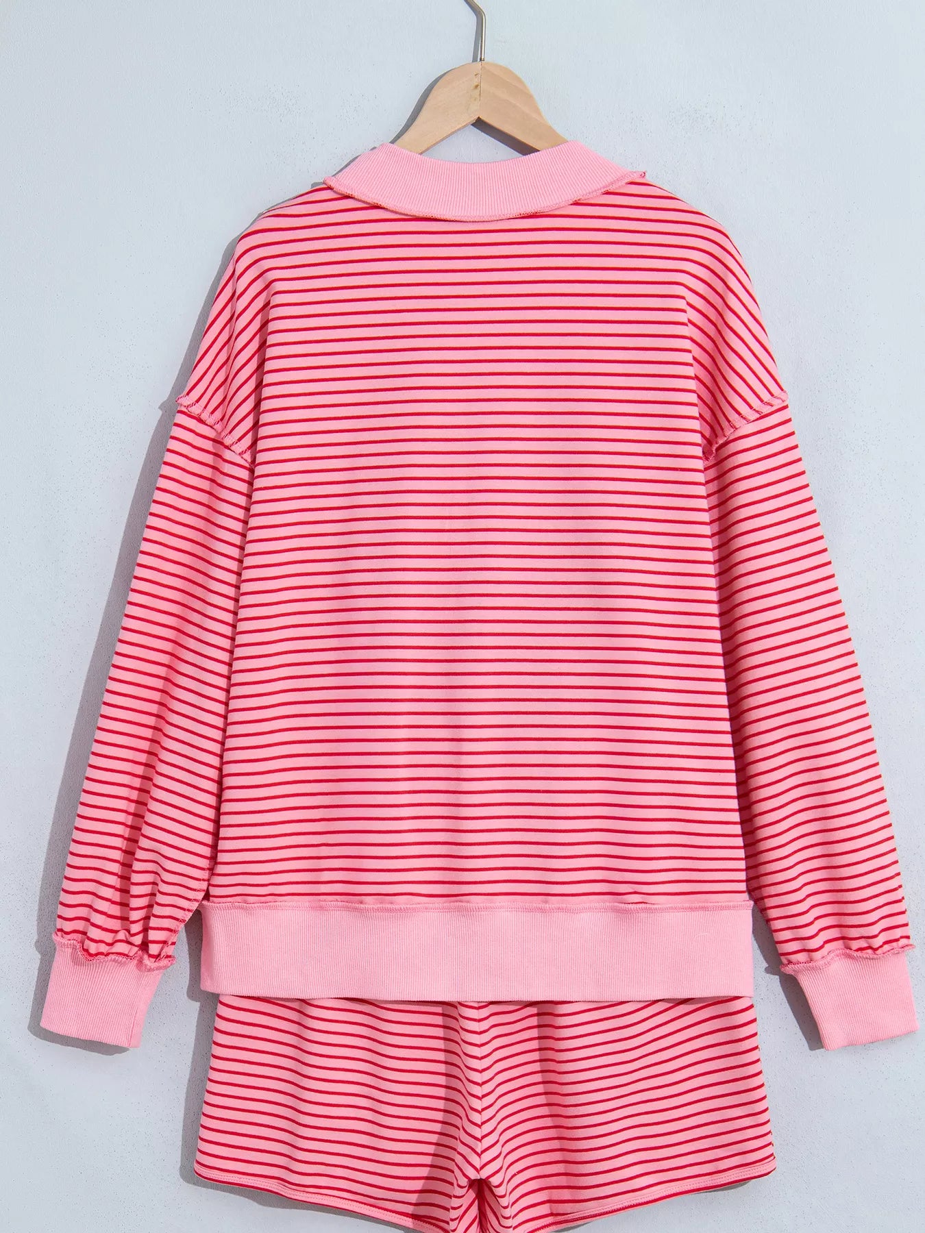 Trendsi Stripe Ribbed Patchwork Mock Neck Baggy Pullover Matching Shorts Set -
