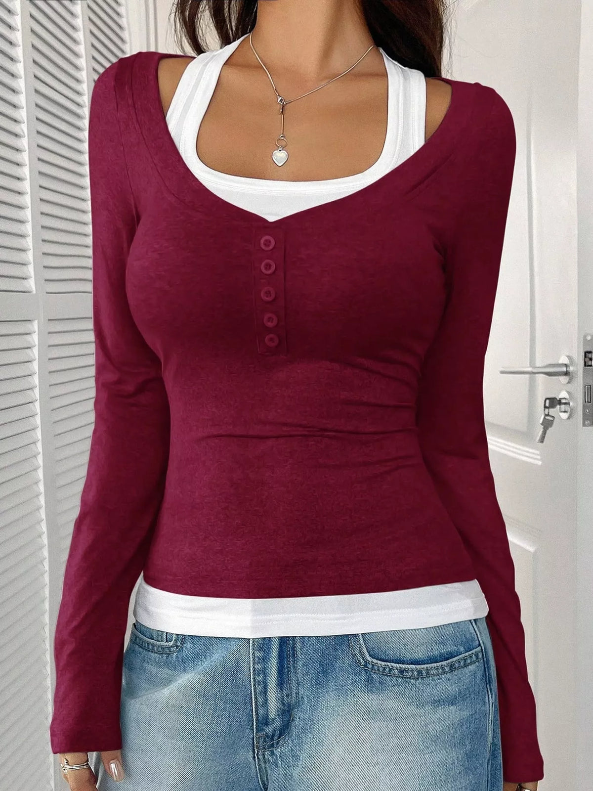 Red long-sleeve T-shirt