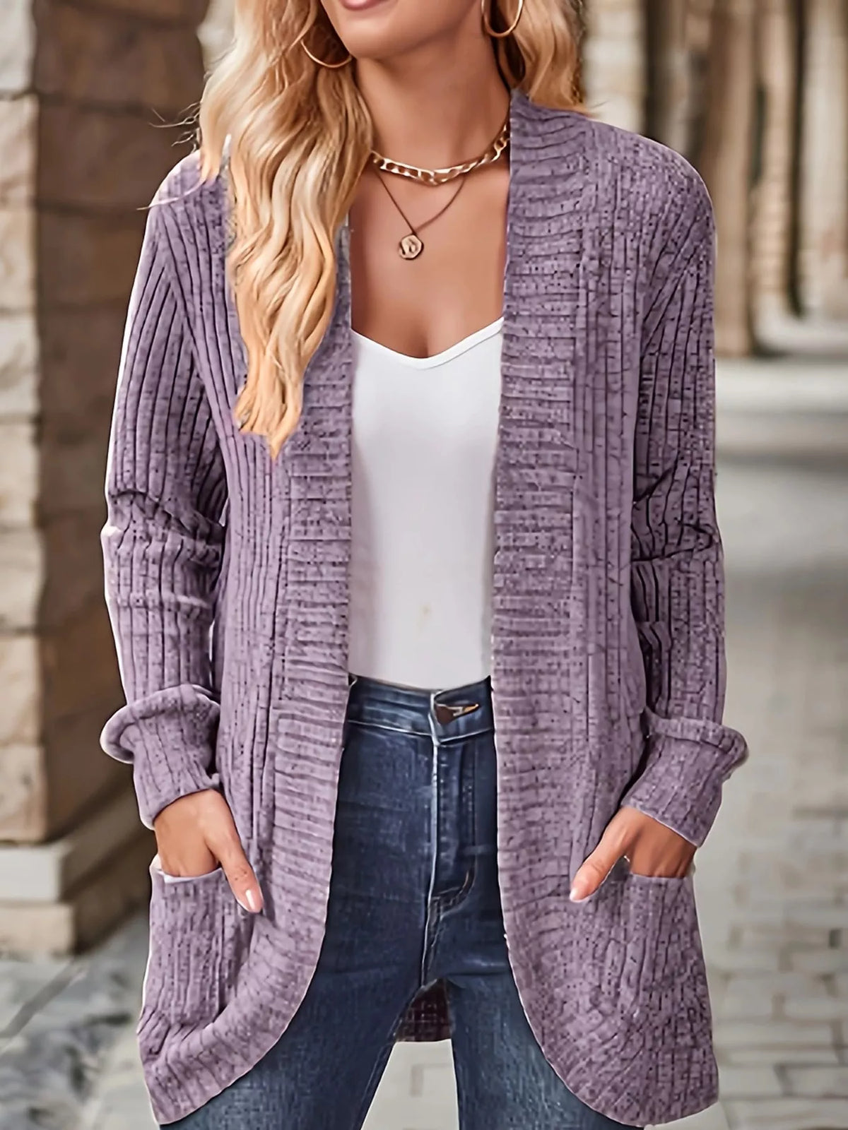 Ribbed Knit Open Front Cardigan with Pockets — front view