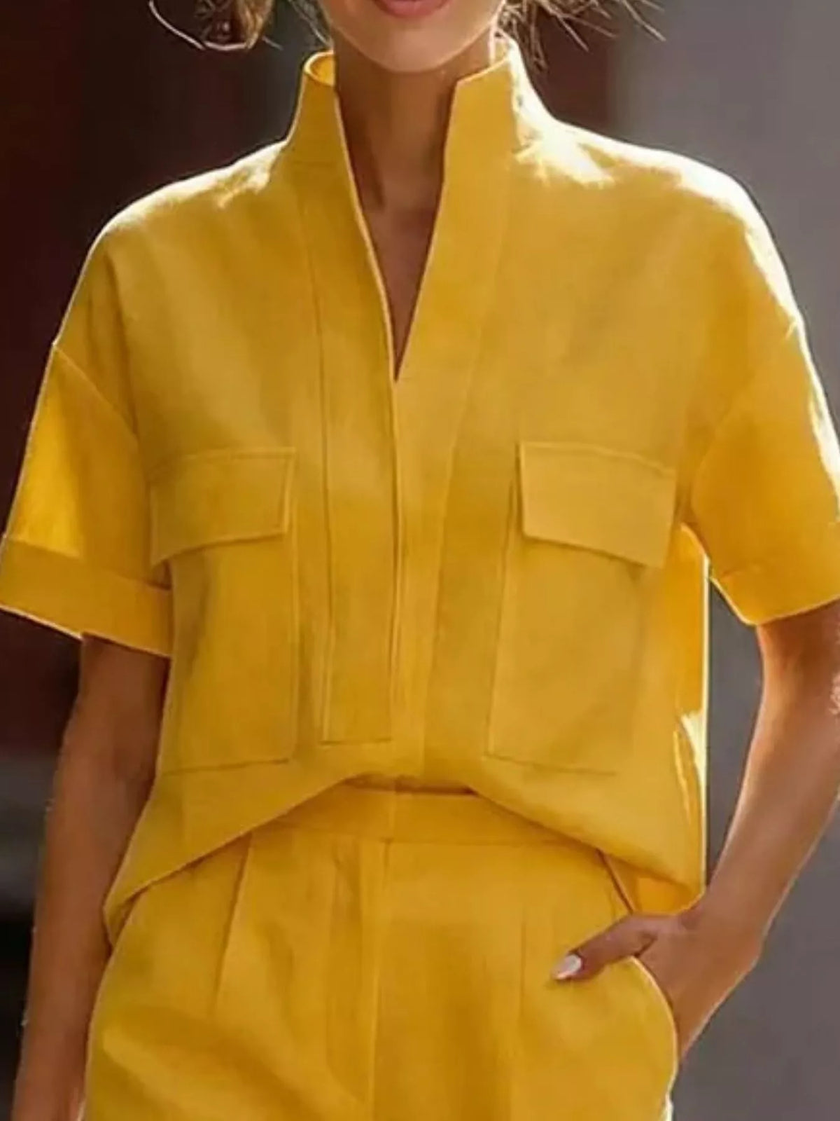 Yellow short sleeve shirt and capris set