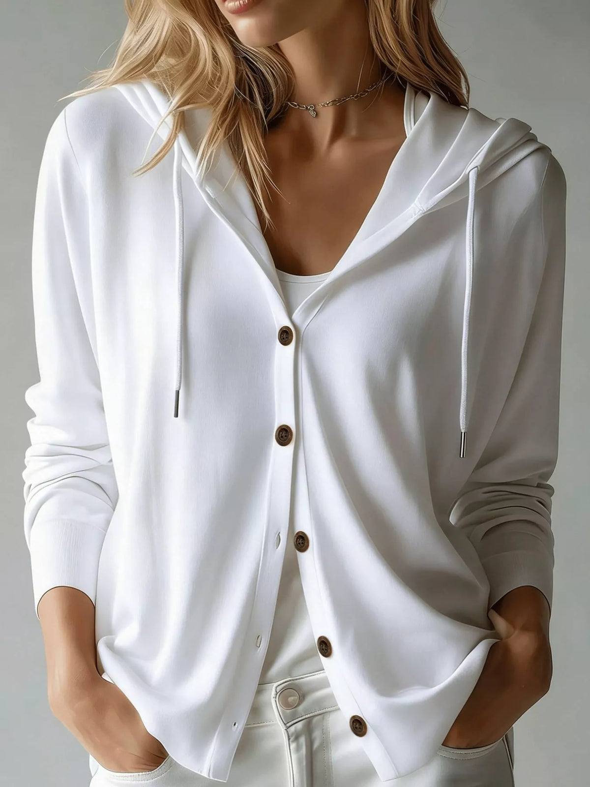 Hooded long sleeve cardigan, front view on model