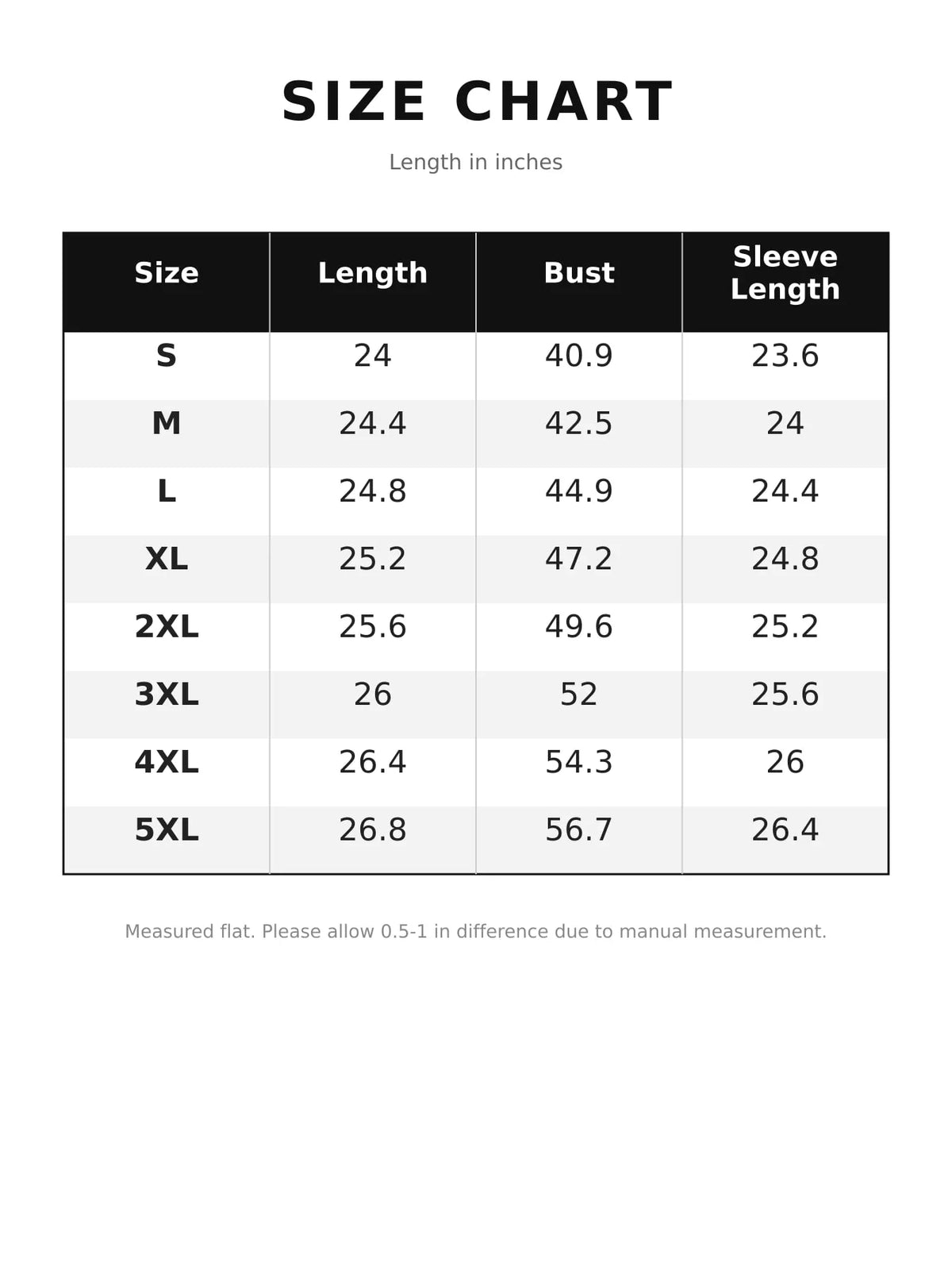 Size chart for zip-up bomber jacket