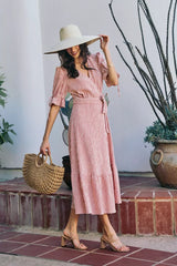 Trendsi SO ME Stripe Textured Short Sleeves Lined Wrap Midi Dres -