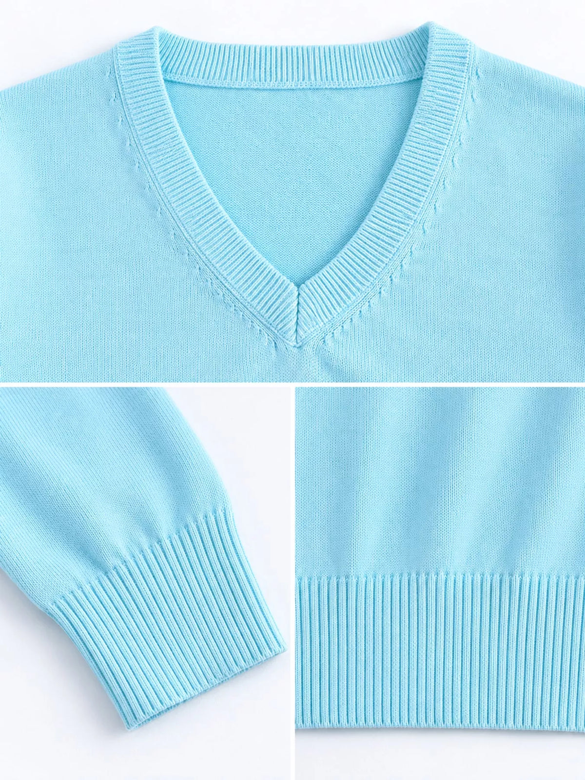 Women's V-Neck Long Sleeve Sweater in light blue — detail collage view