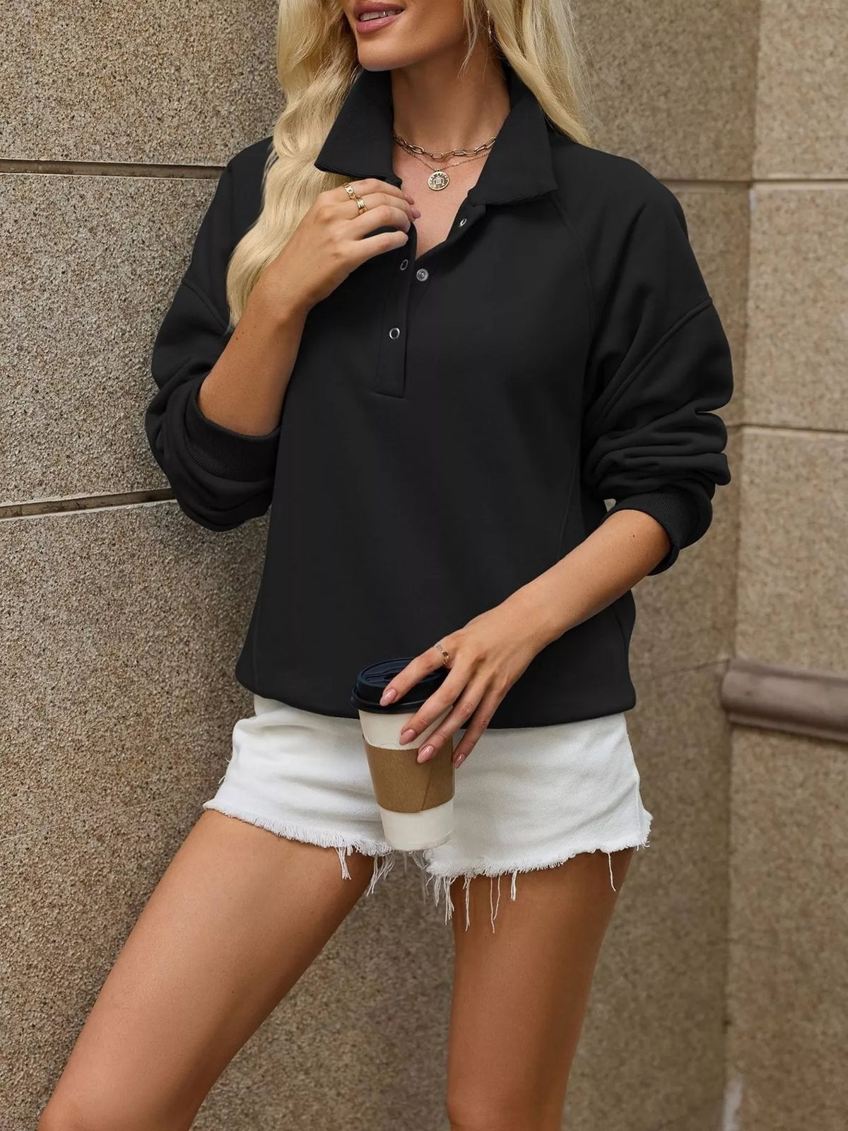 Trendsi Button Detail Dropped Shoulder Sweatshirt -