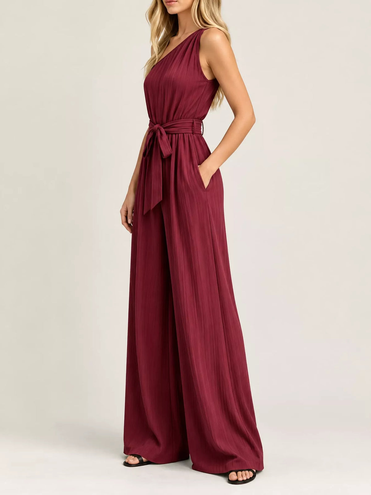 One-Shoulder Wide-Leg Jumpsuit in burgundy, side view
