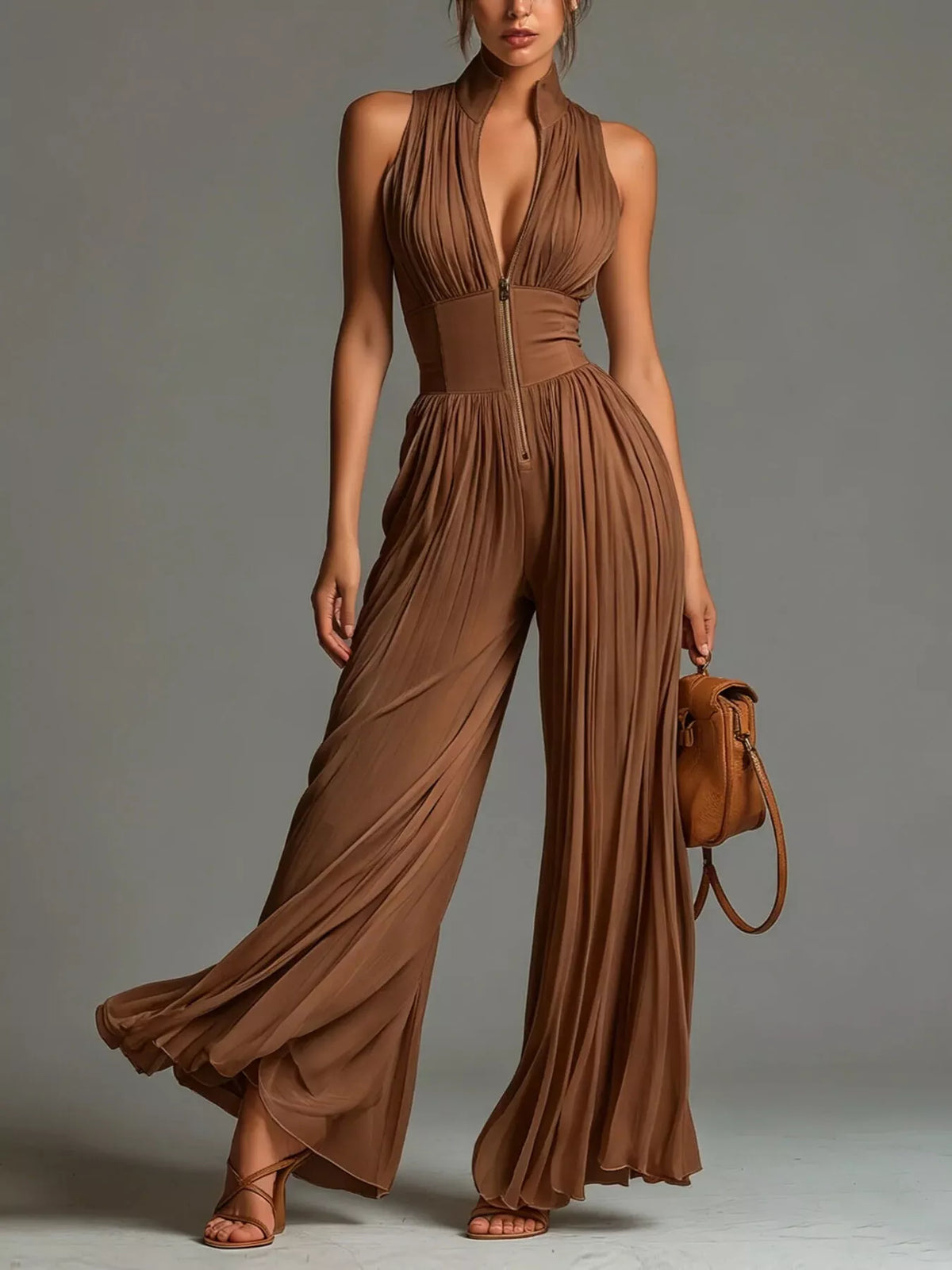 Trendsi Sleeveless Pleated Wide-Leg Jumpsuit with Front Zipper -