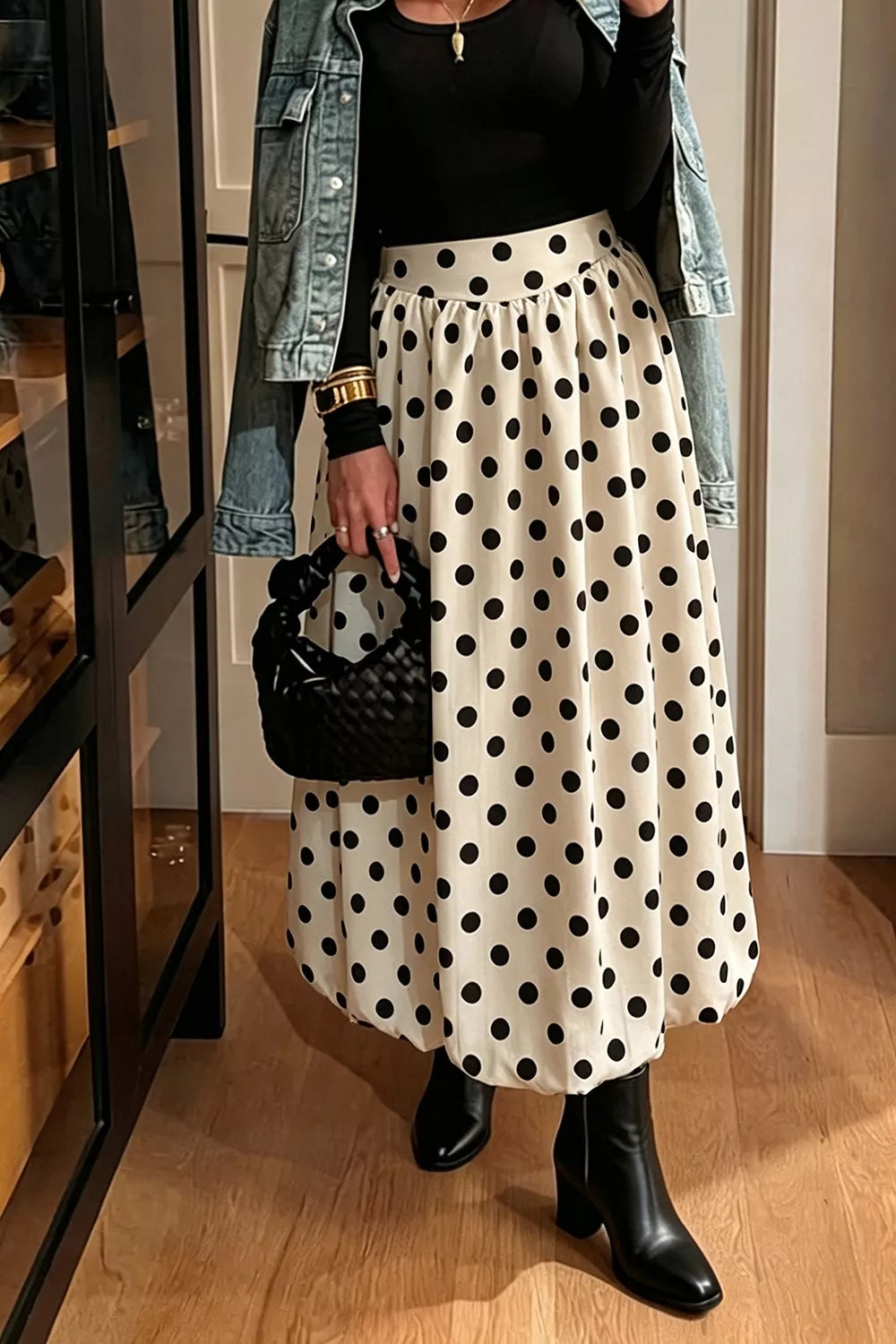 Polka dot bubble hem midi skirt