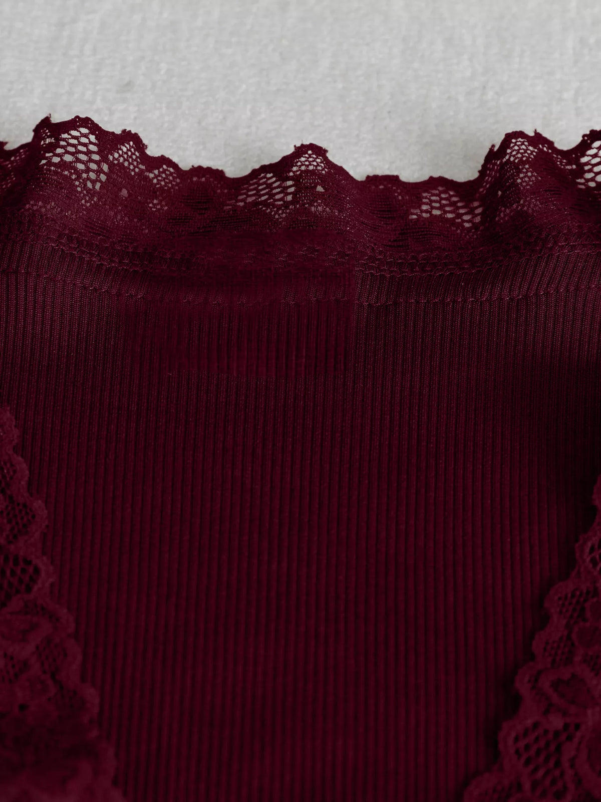 Women's Lace Trim Flare Sleeve Blouse in burgundy — lace detail view