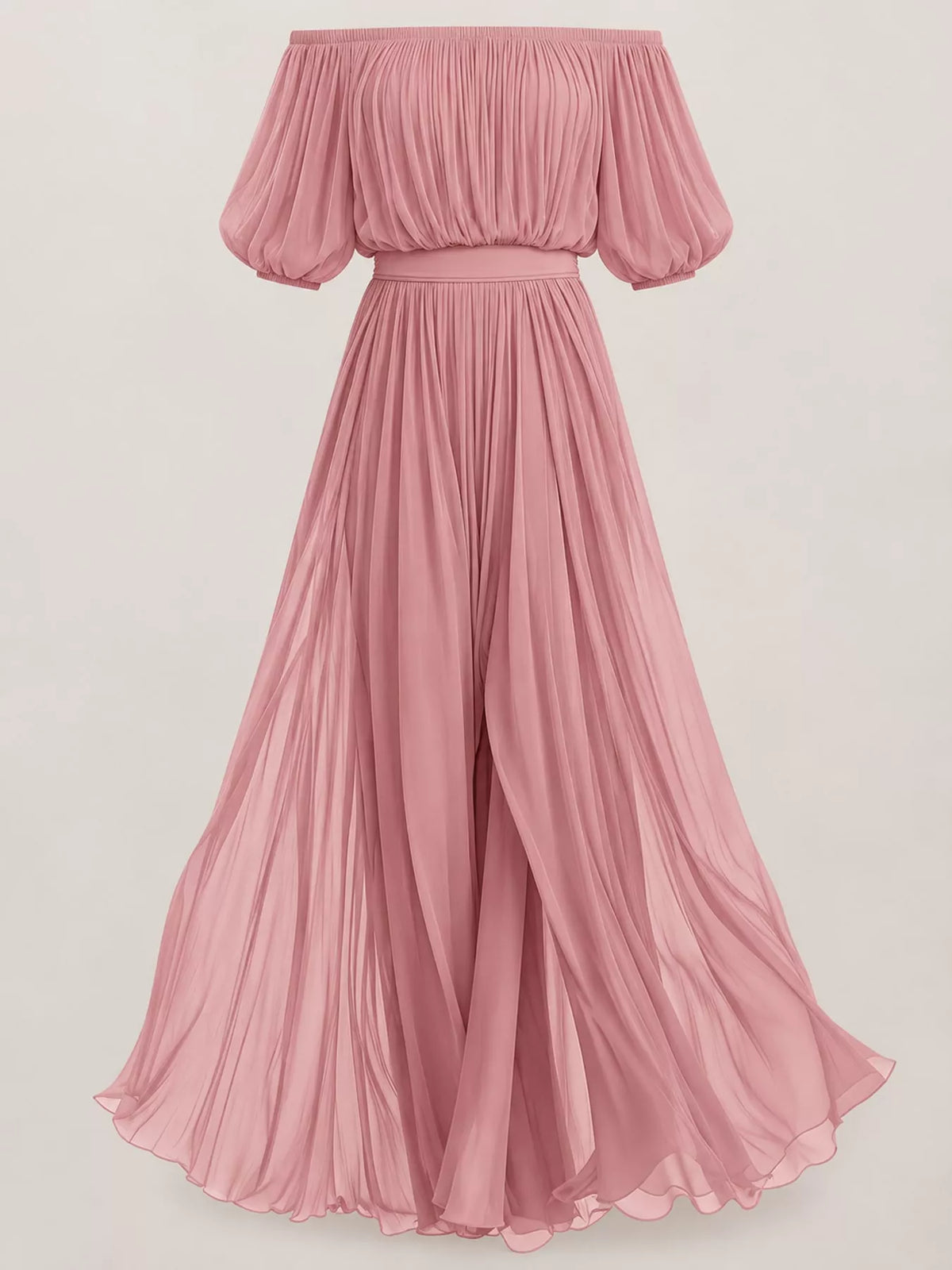 Pink off shoulder ruched chiffon maxi dress, front view