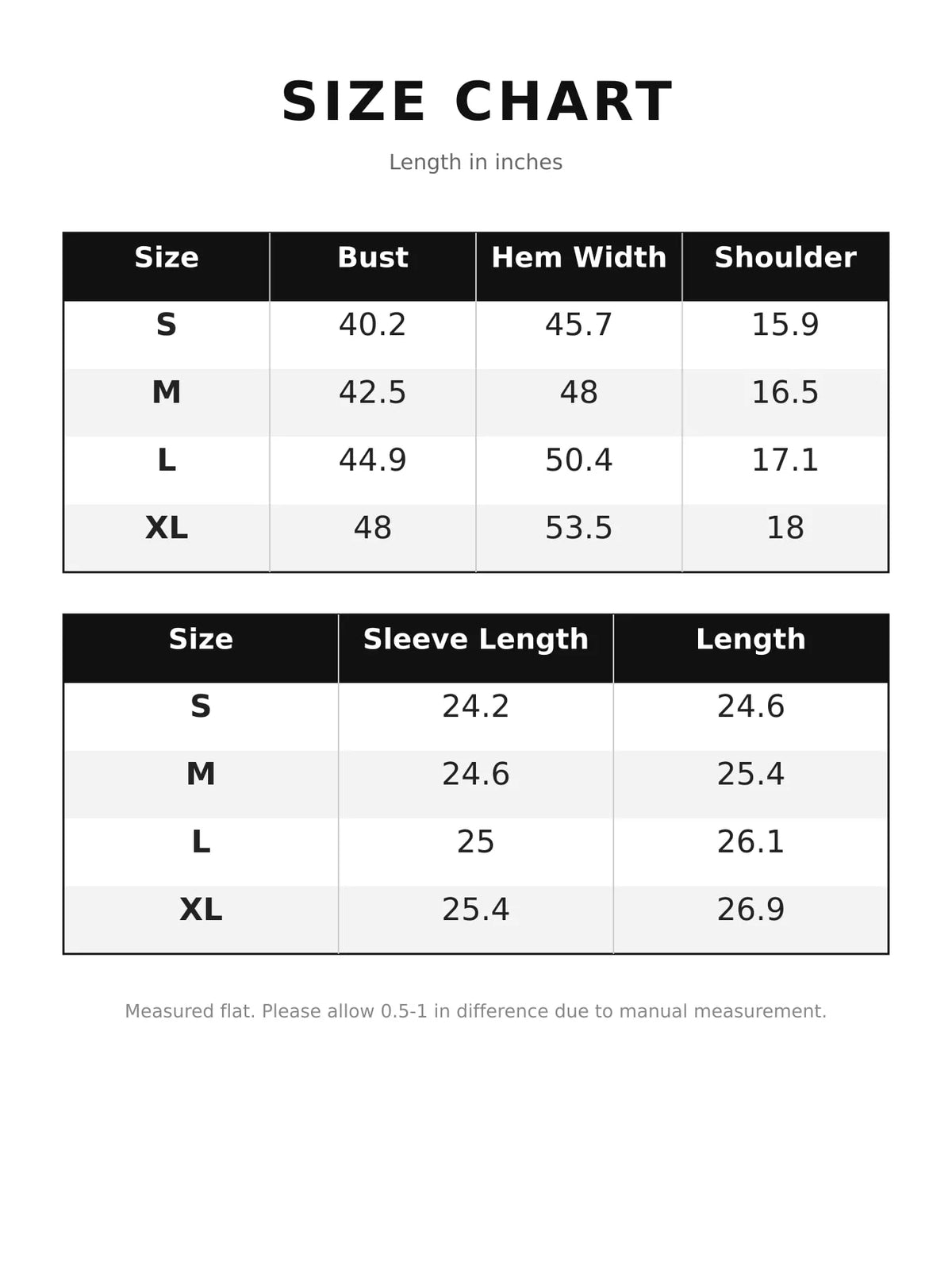 Size and measurement chart for long-sleeve blouse
