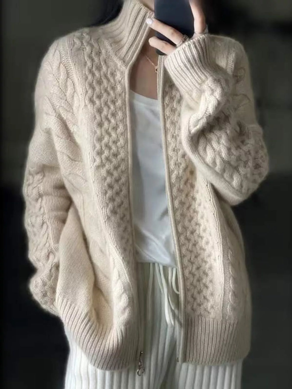 Cable-knit cardigan, beige open front