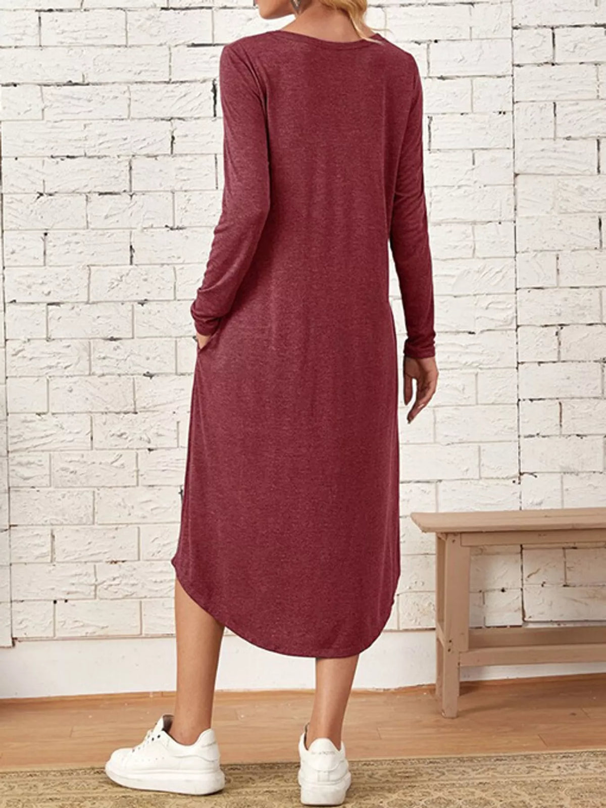 Round neck long sleeve midi dress, back view