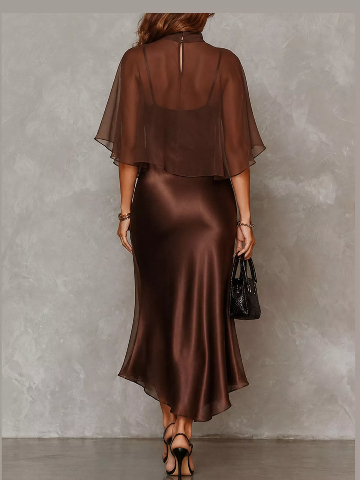 Brown satin cami dress and sheer cover up set — back view