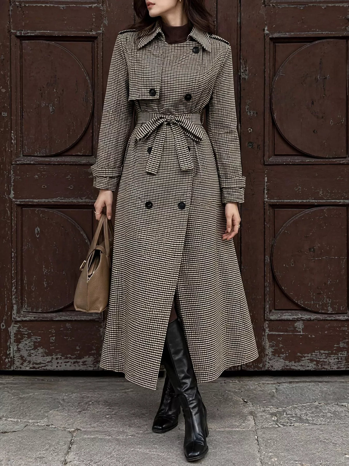 Plaid Double-Breasted Trench Coat — front view