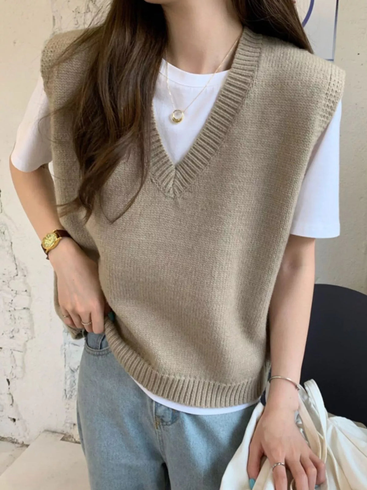 Camel v-neck knit sweater vest