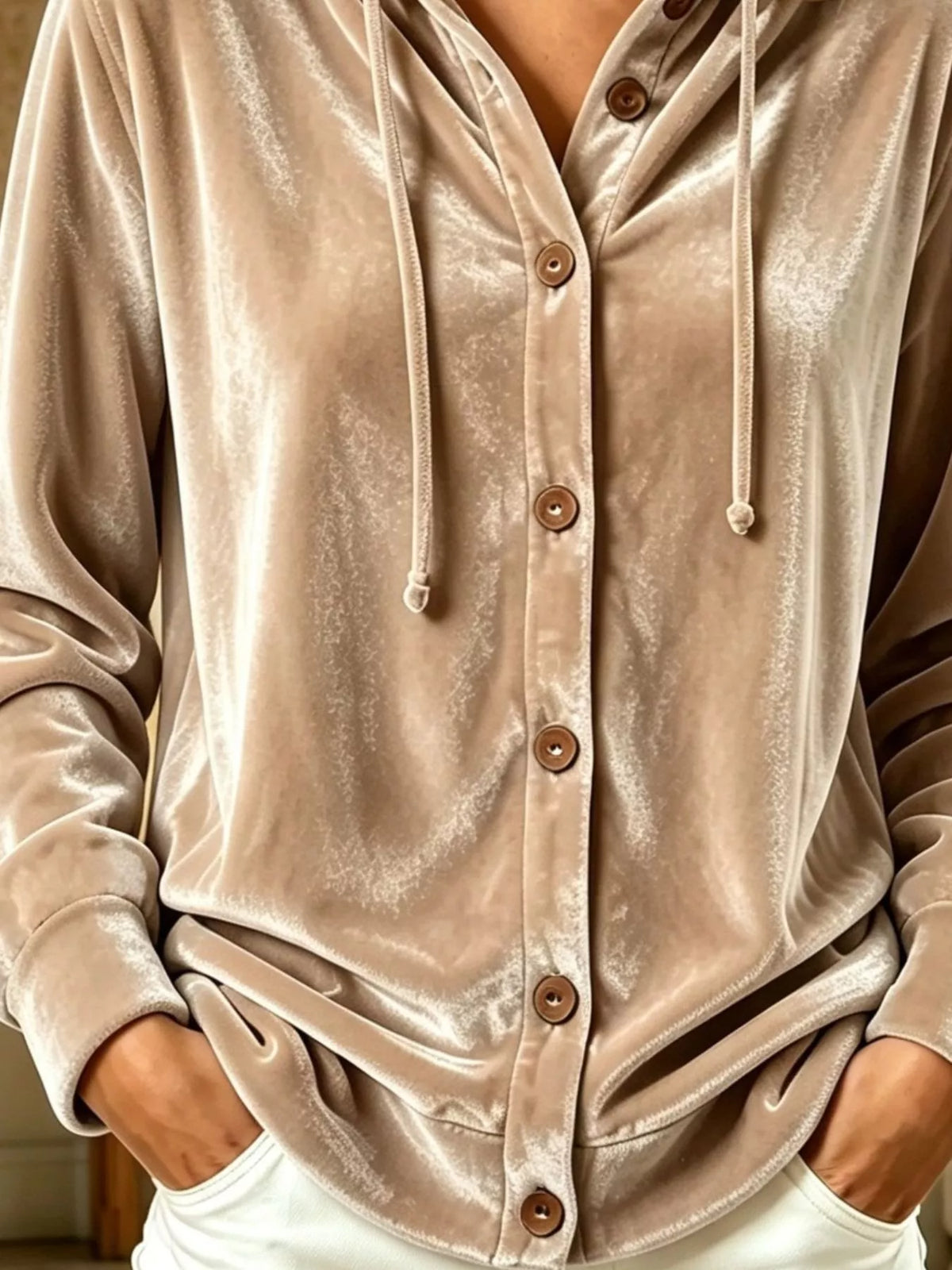 Velvet button-front hooded top