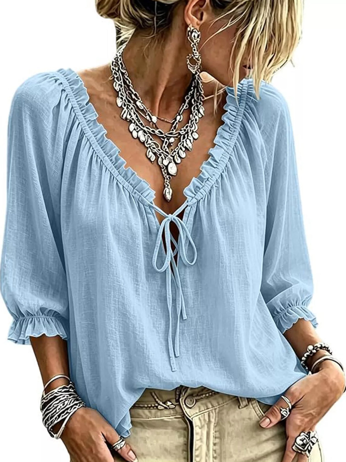 Trendsi Frill Tie Neck 3/4 Sleeve Blouse -