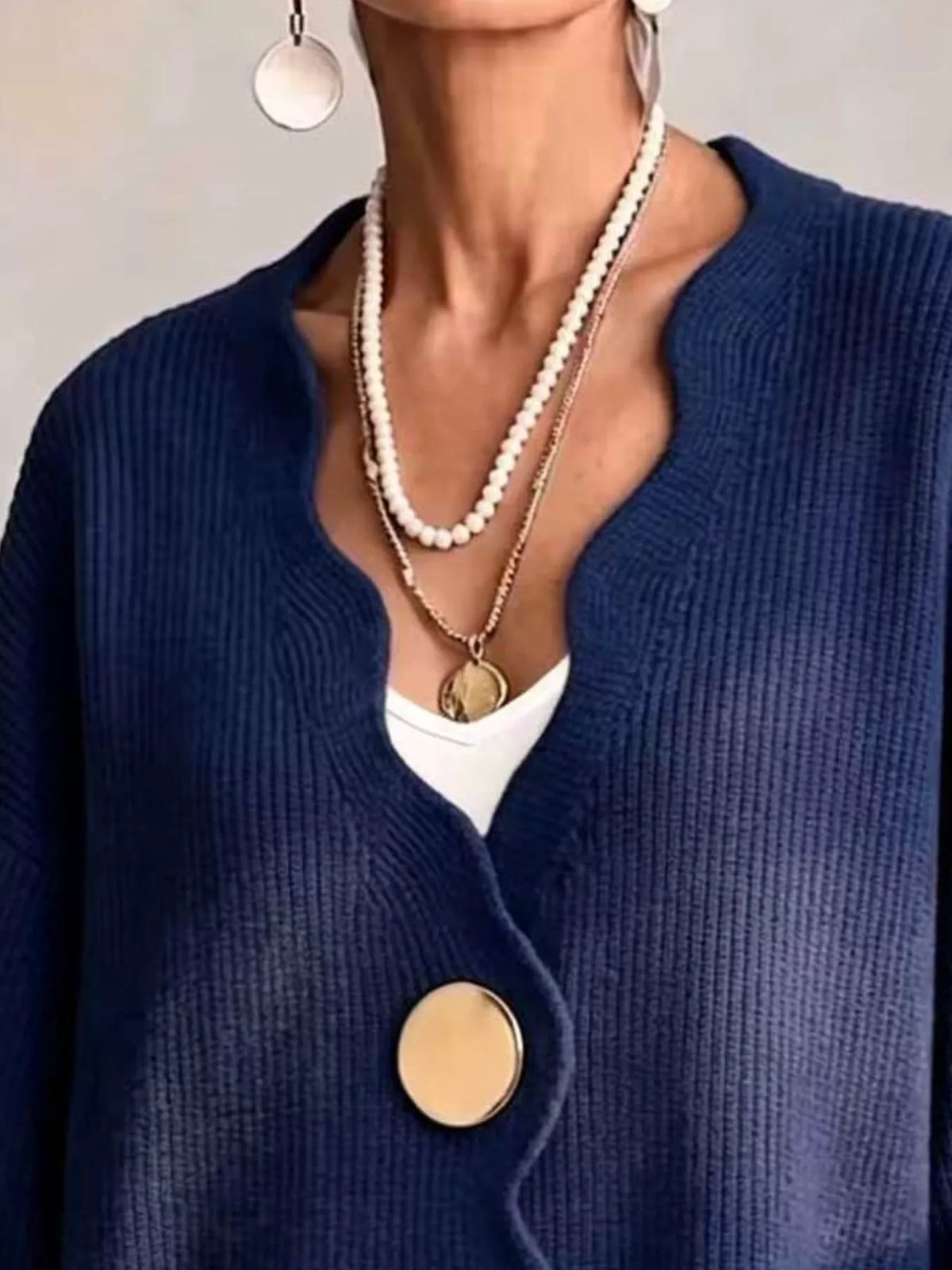 Women's Scalloped-Edge Oversized Button-Down Cardigan in Navy, alternate view