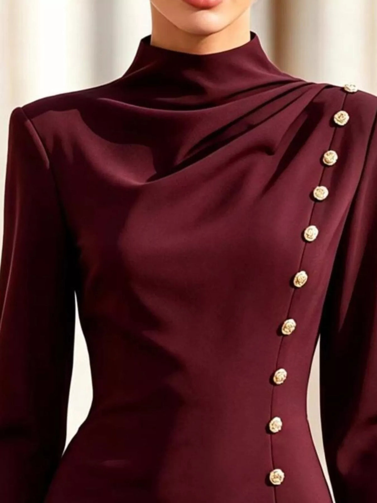 Mock-neck button-detail bodycon mini dress in burgundy, draped neckline and button detail
