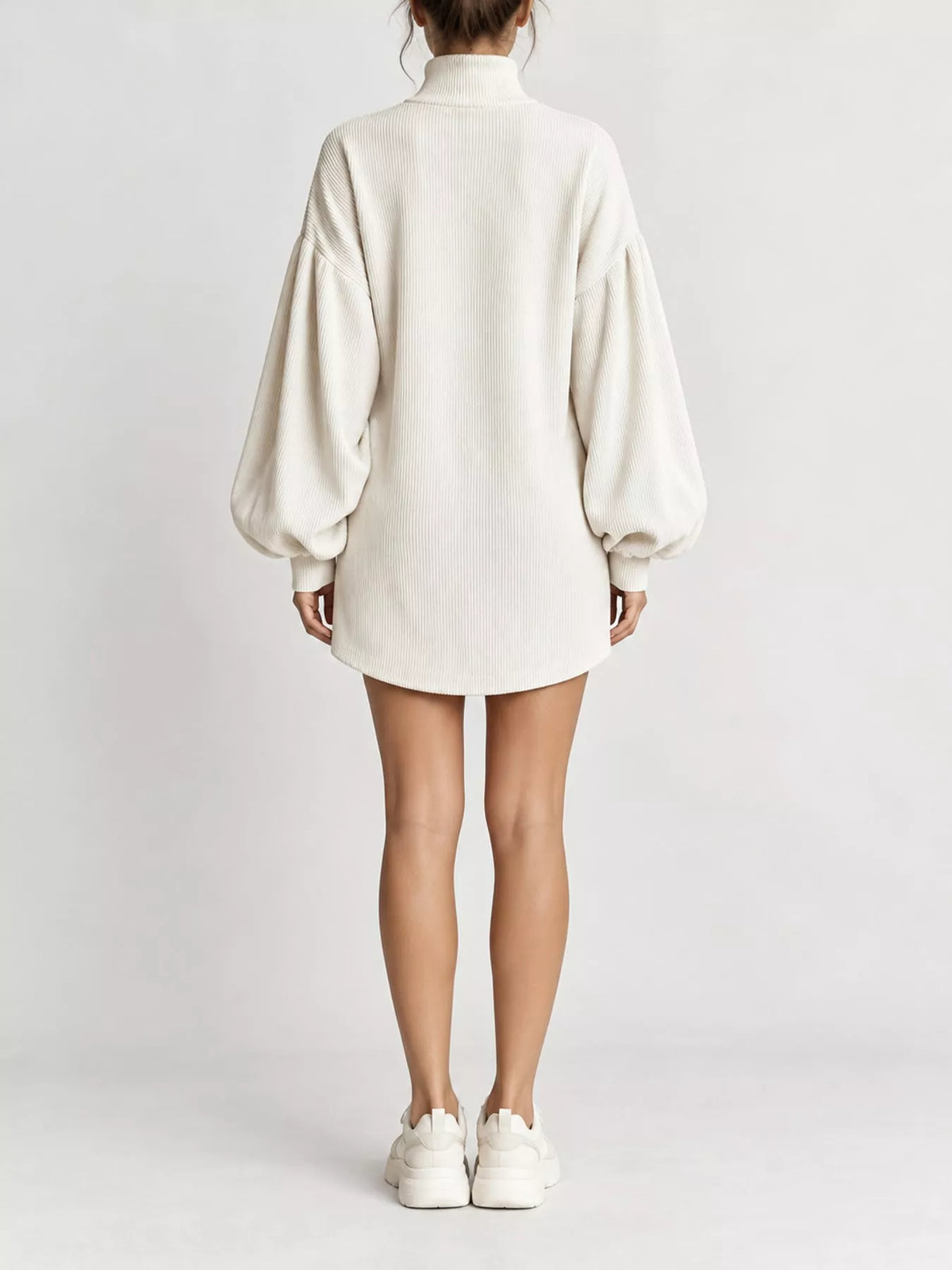 Corduroy Mock Neck Lantern Sleeve Mini Dress in cream, back view