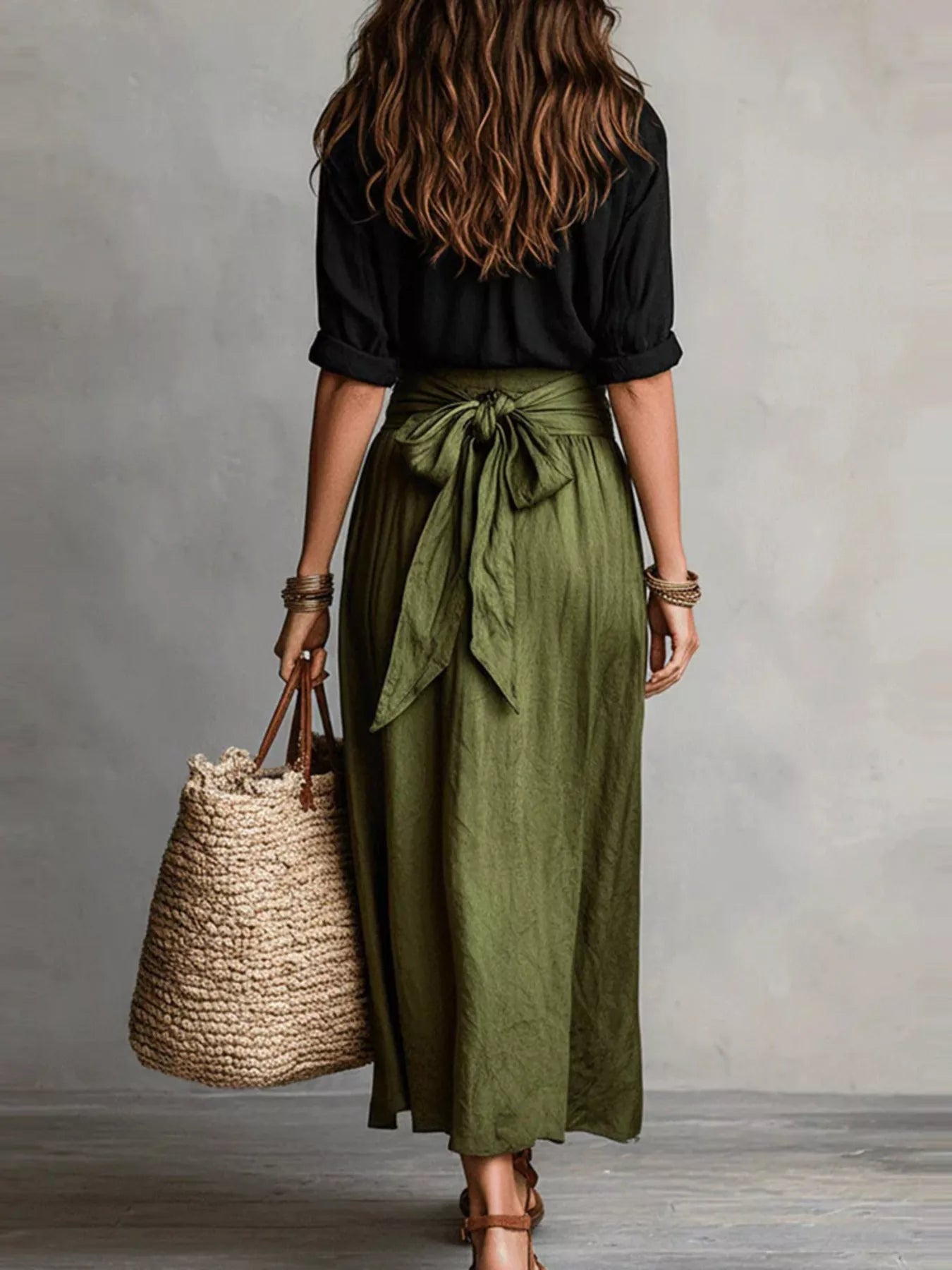 Trendsi Button-Down Shirt and High-Waisted Tie-Front Maxi Skirt Set -
