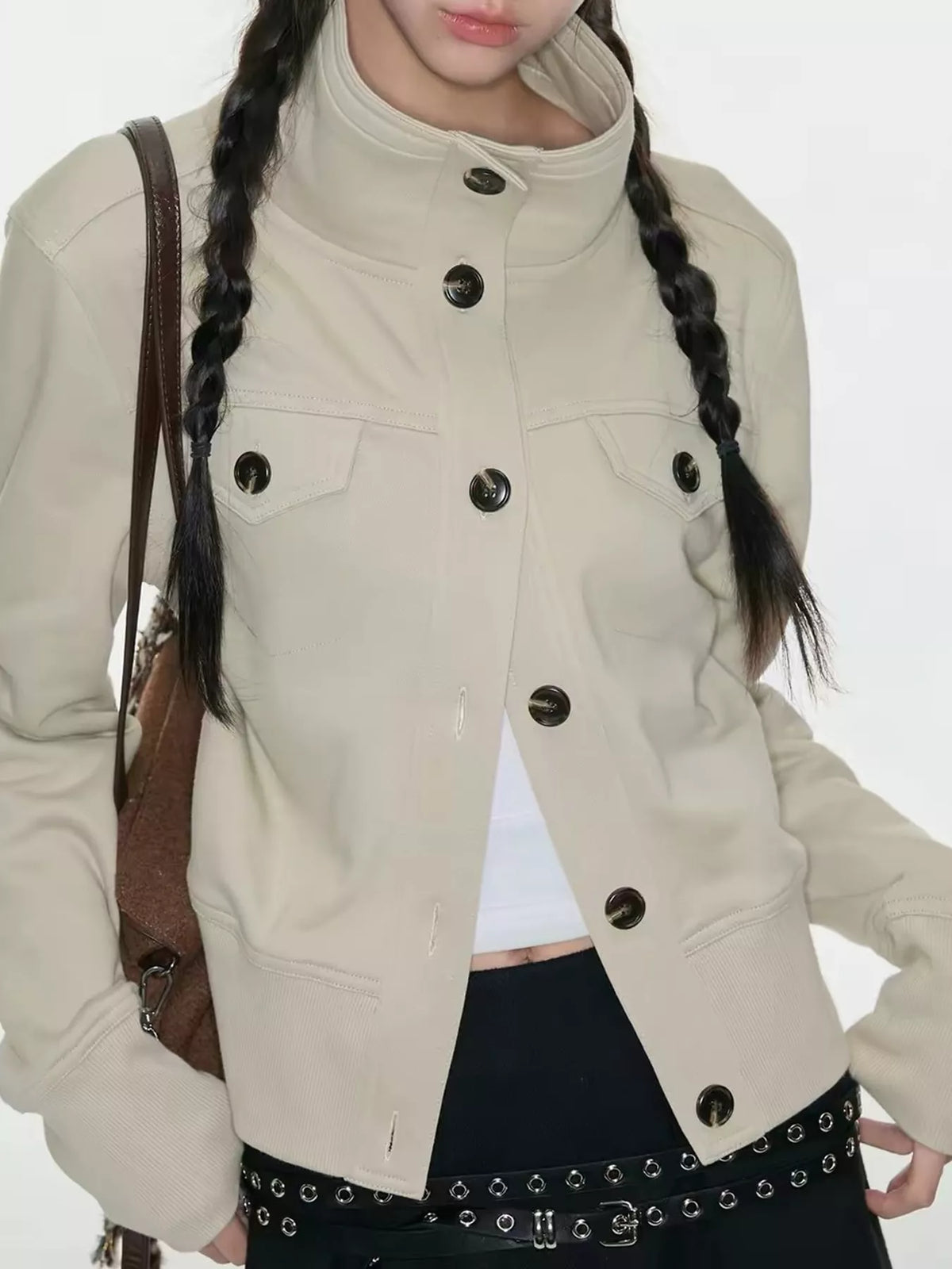 High-neck jacket, beige buttoned front