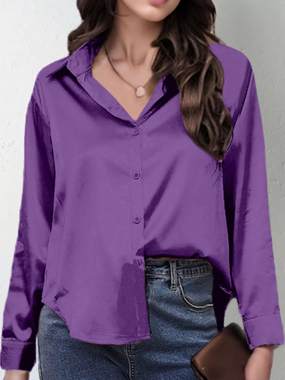 Purple satin button-down long sleeve shirt