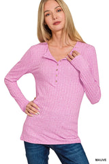Trendsi Zenana Ribbed Long Sleeve Half Button Top -