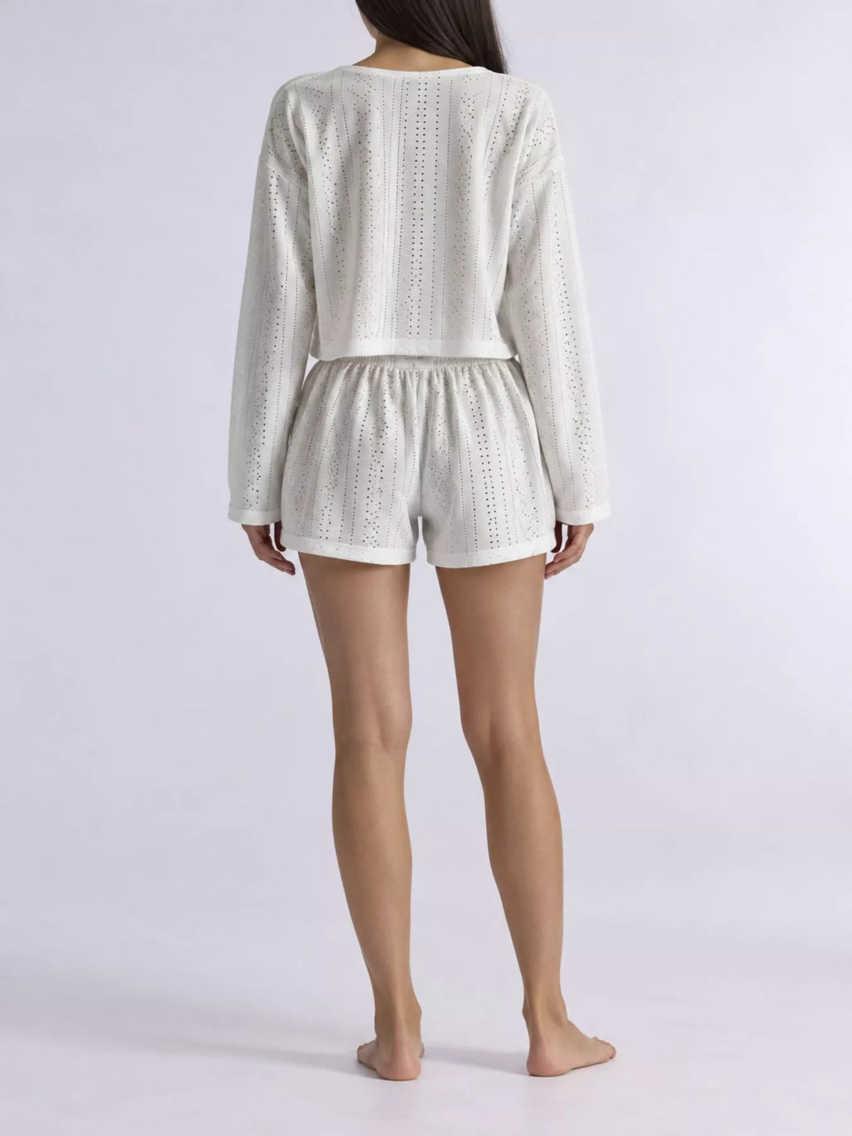 Eyelet Long Sleeve Top and Shorts Lounge Set, back view in white