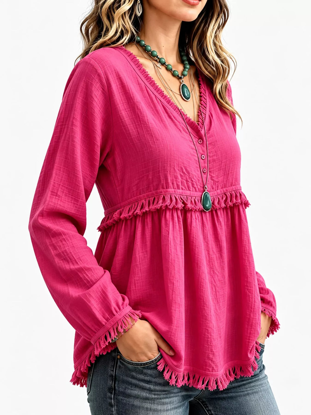 Fringe-trim blouse, pink side