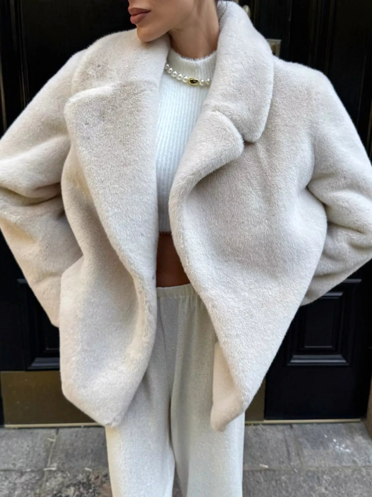 Faux Fur Open Front Coat in cream