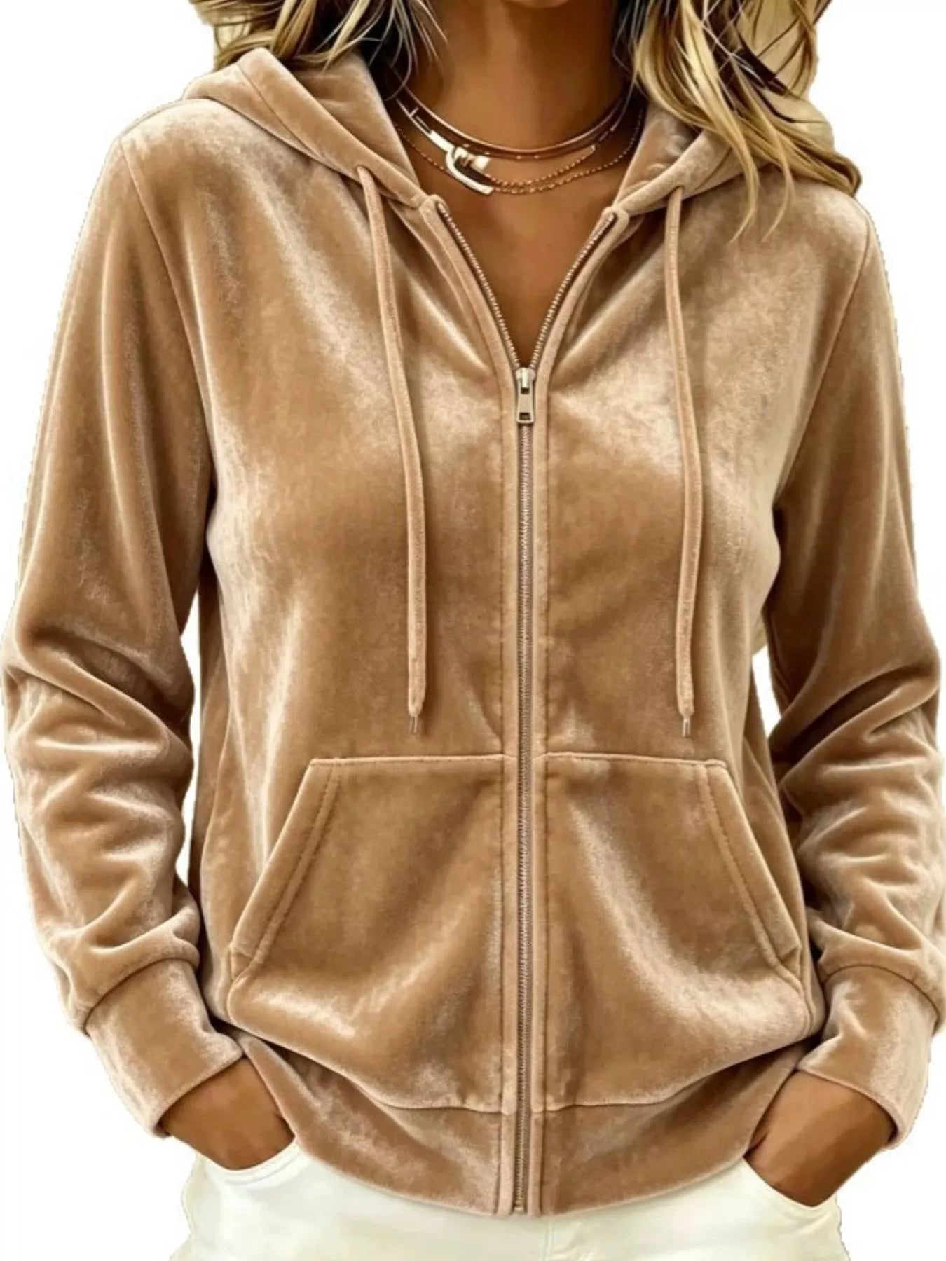 Trendsi Full Size Velvet Zip-Up Outerwear with Drawstring Plus Size -