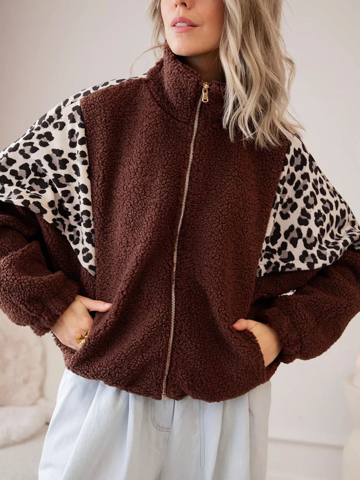 Leopard-patch fleece jacket, brown leopard jacket zipped front
