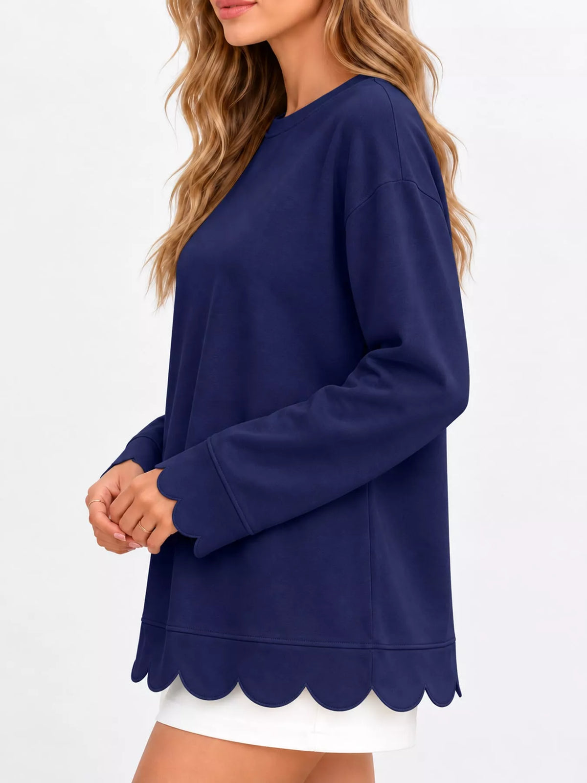 Navy Blue scalloped hem crewneck sweatshirt