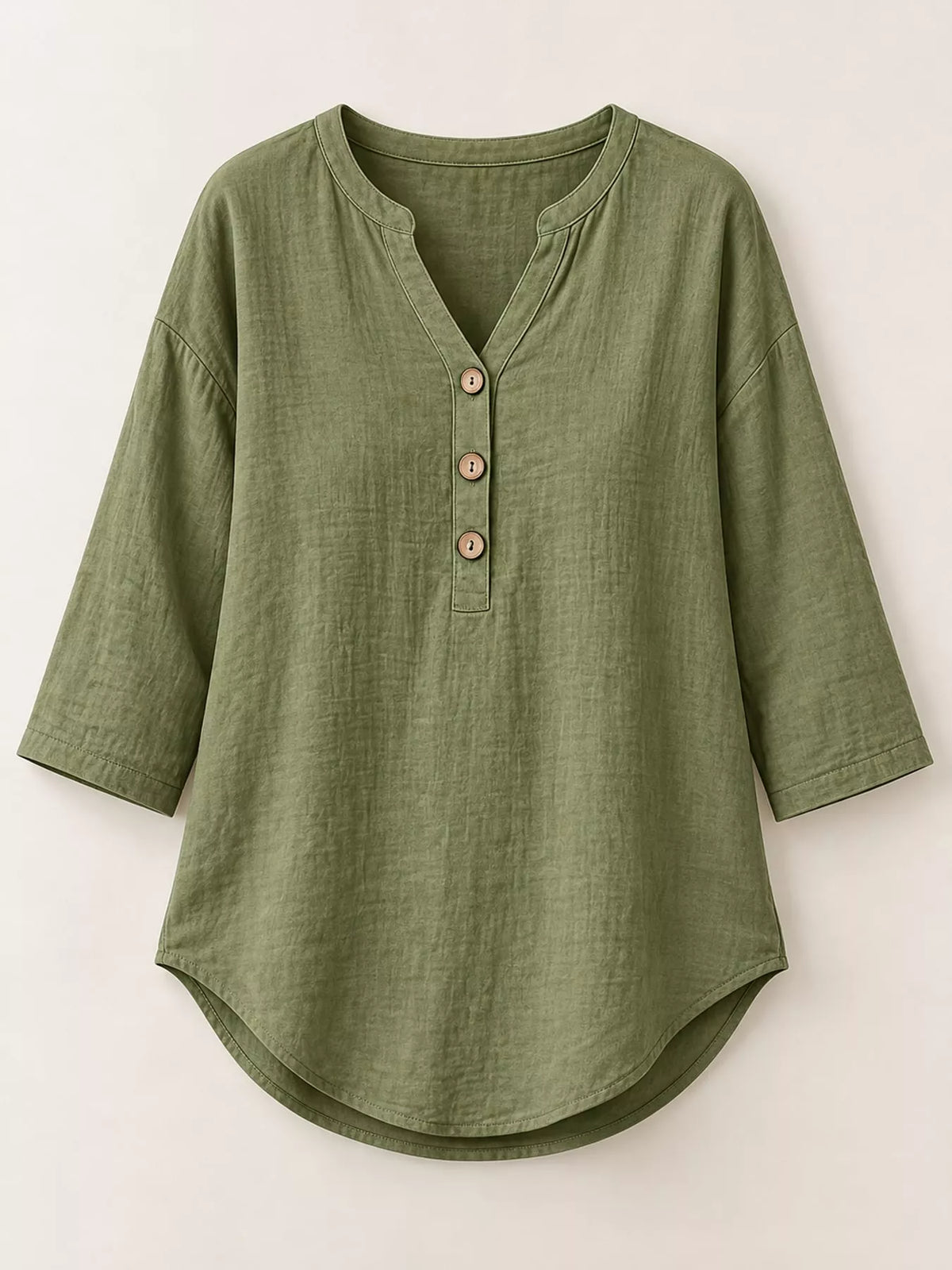 Button Notched 3/4 Sleeve Blouse in olive green, front view