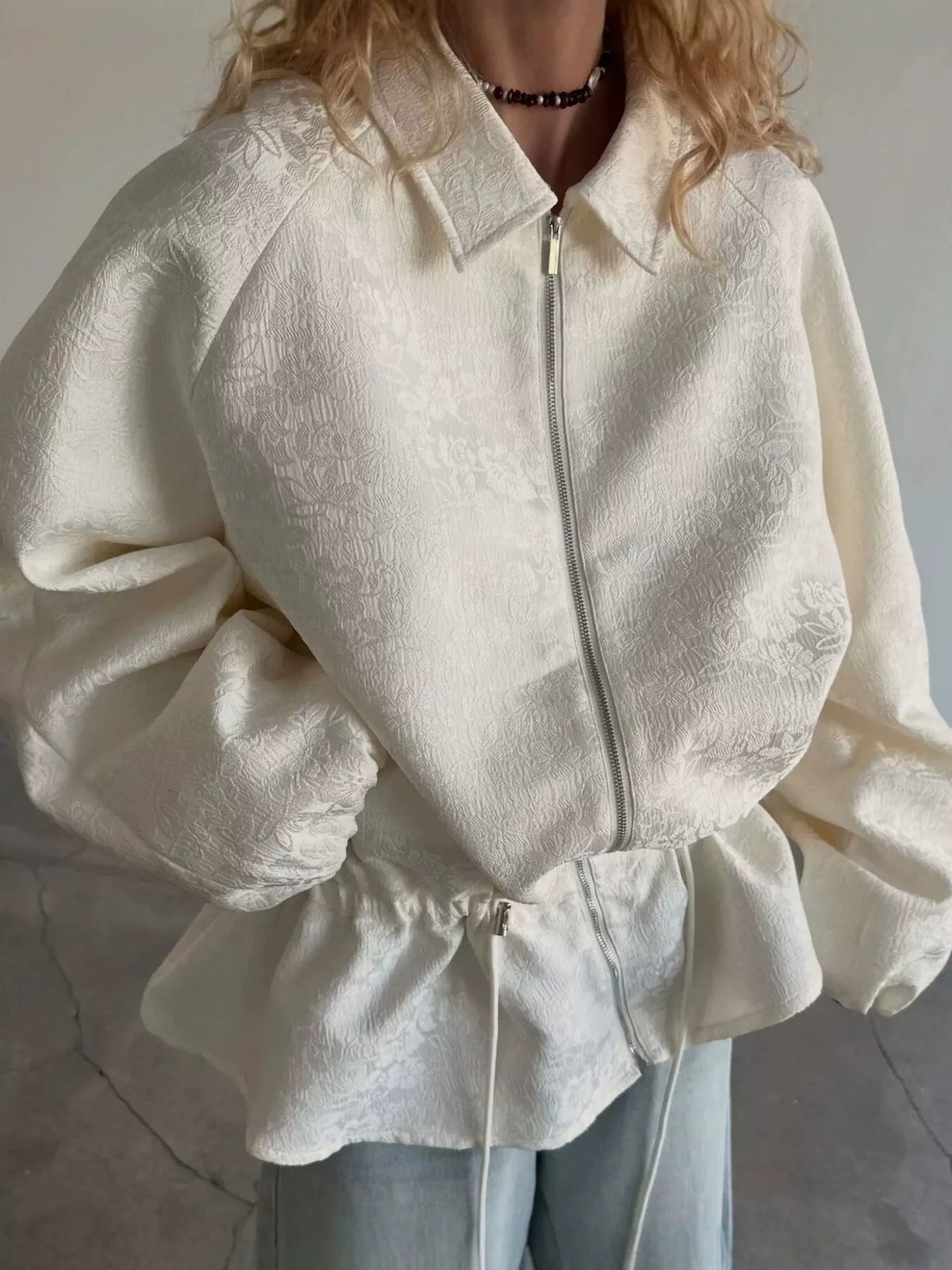 Trendsi Jacquard Zip-Up Peplum Jacket -