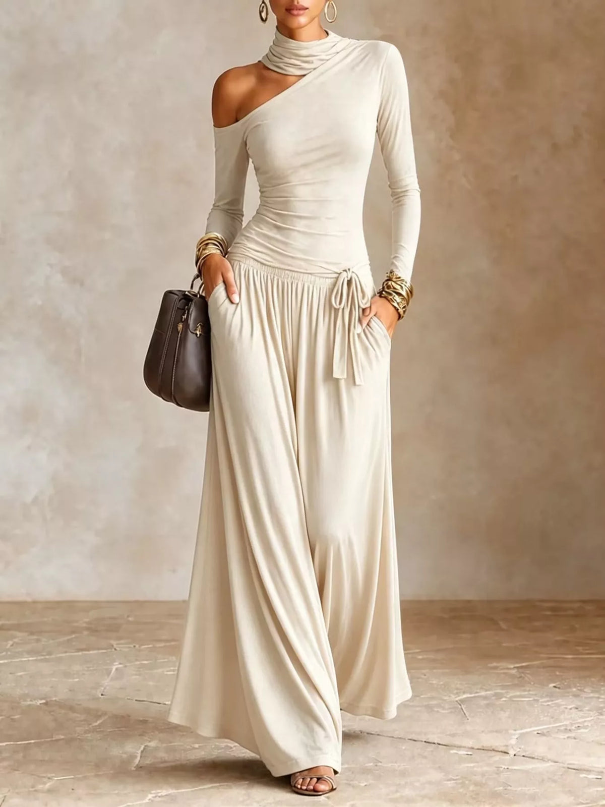 Ivory asymmetric shoulder-cutout maxi dress with gathered skirt