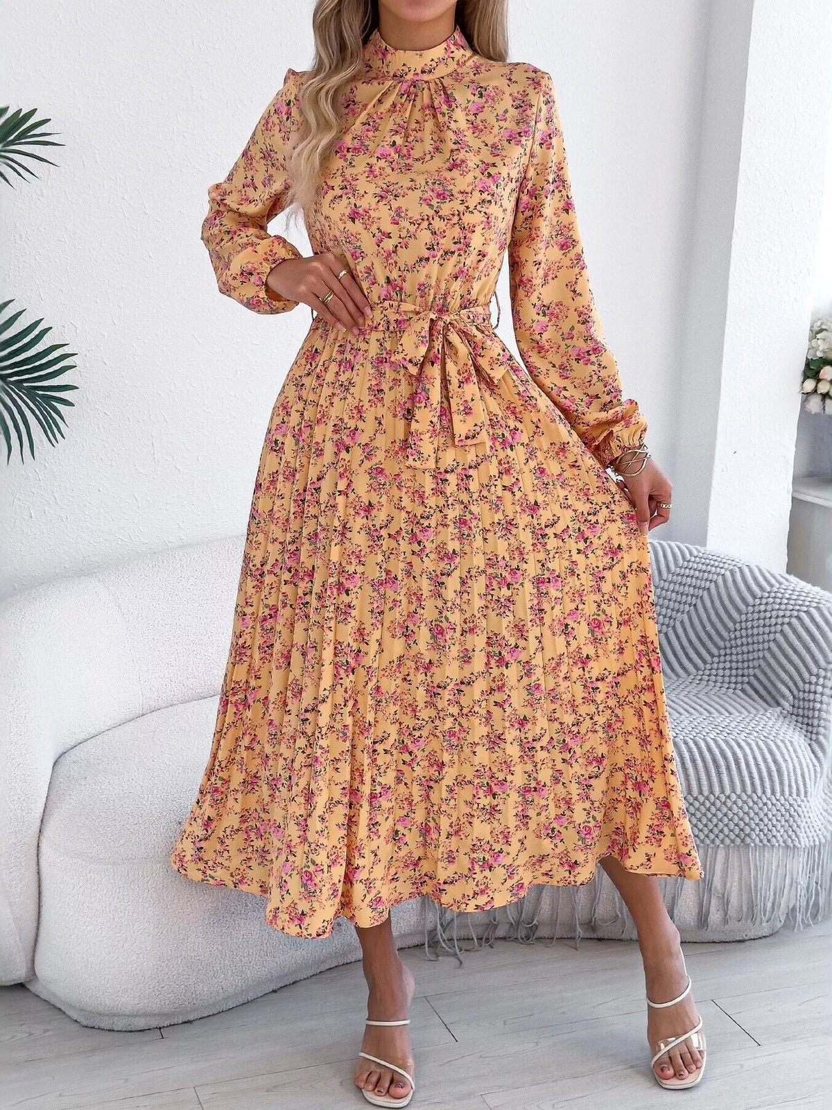 Yellow floral print long sleeve midi dress