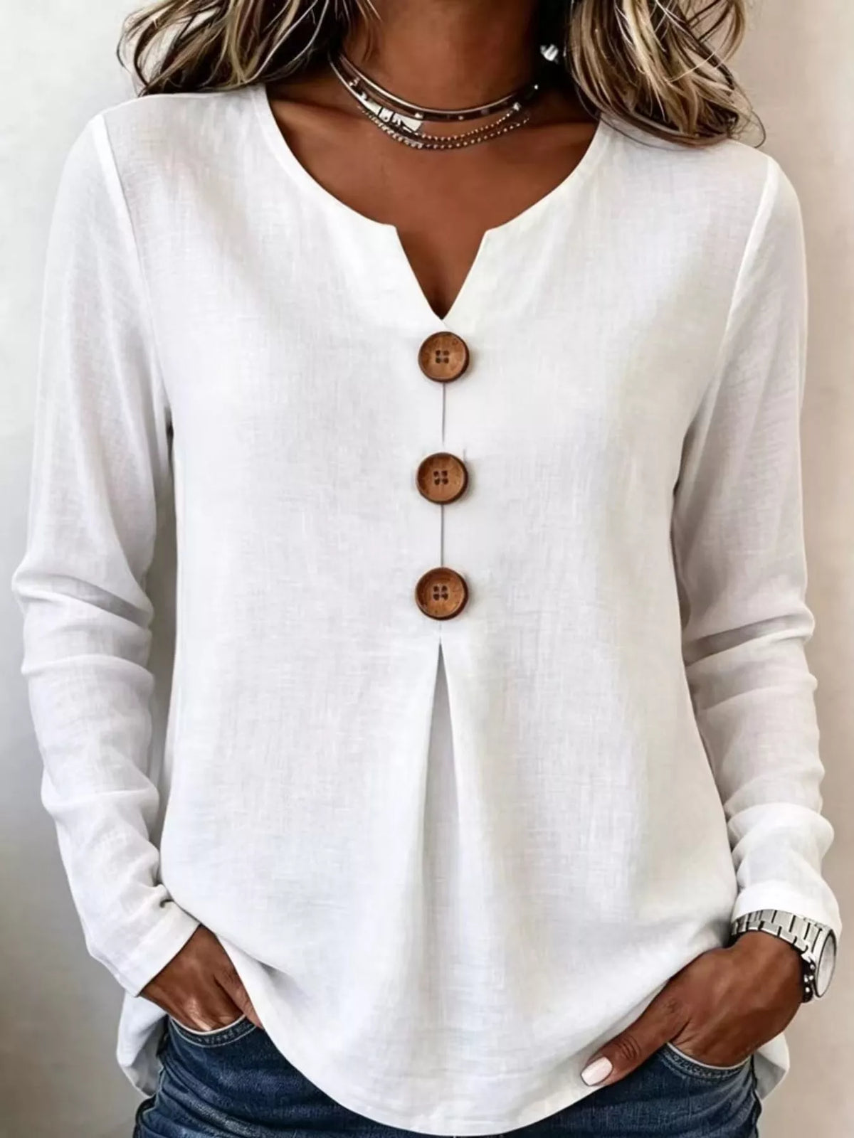 White long sleeve decorative button blouse