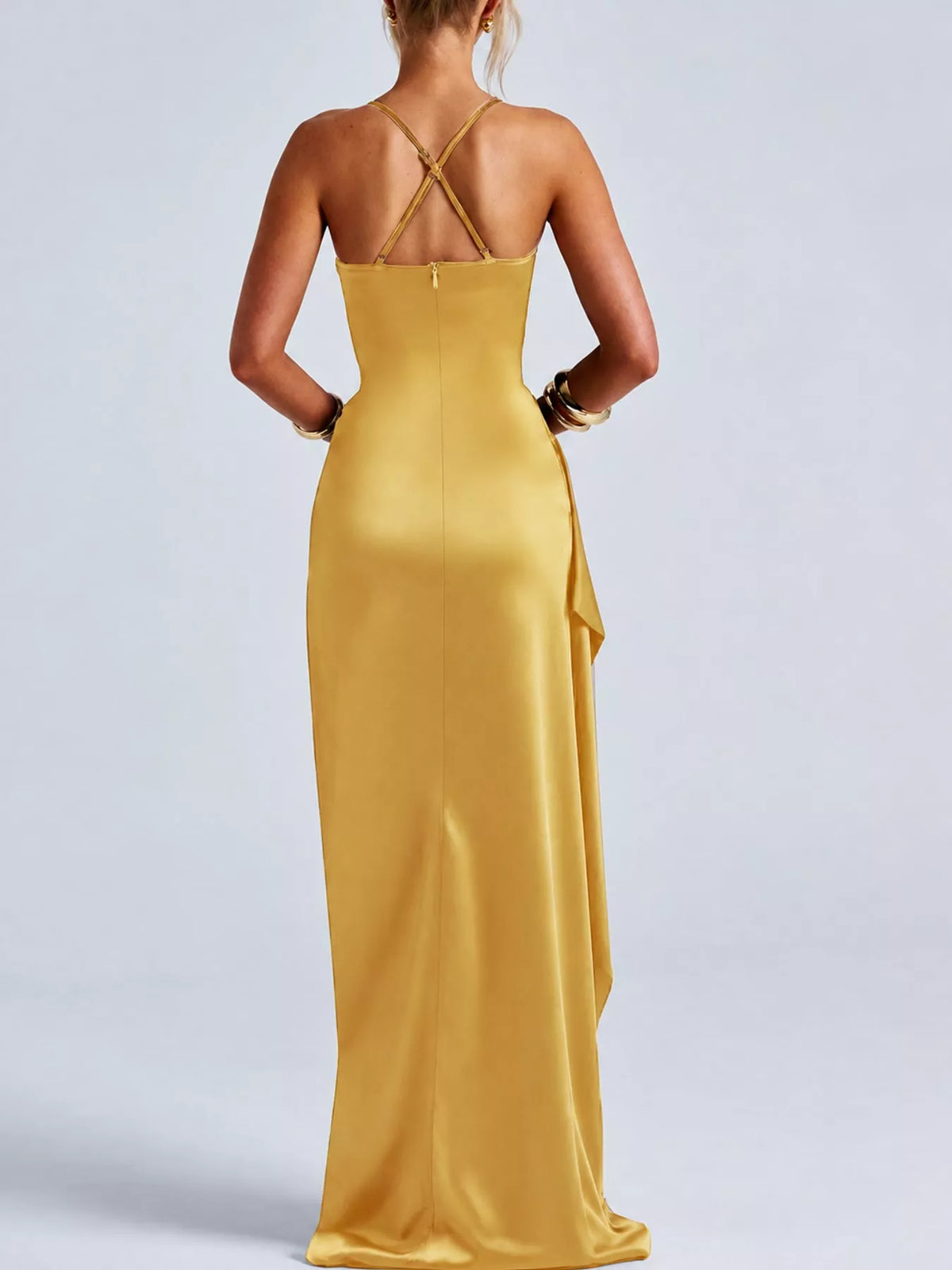 Gold satin ruched high slit maxi dress, back view