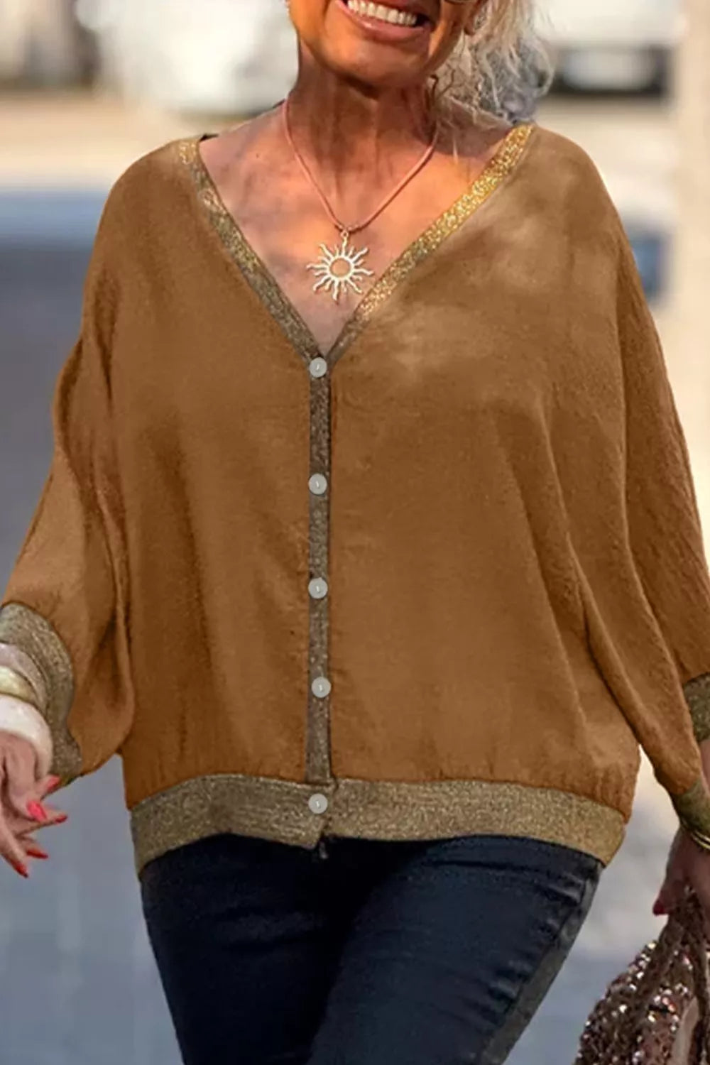 Trendsi V-Neck Button Up Shirt -