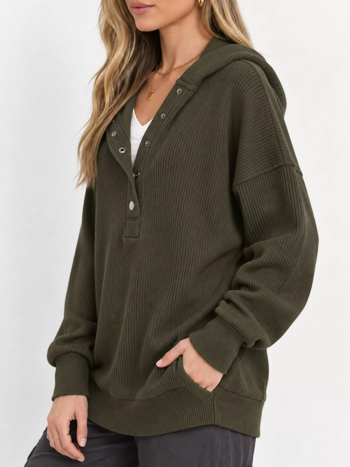 Women's Snap Button Placket Dropped Shoulder Hoodie in olive — side view